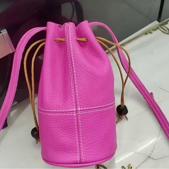 Handbags - Top Grain Leather Boho Pink Crossbody/Shoulder Drawstring Bucket Pouch Bag NWOT